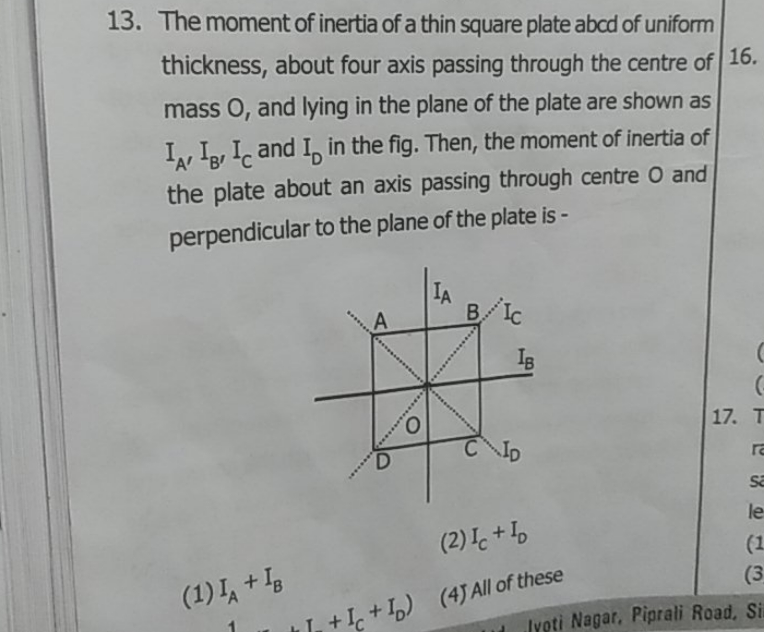 13. The moment of inertia of a thin square plate abcd of uniform thick