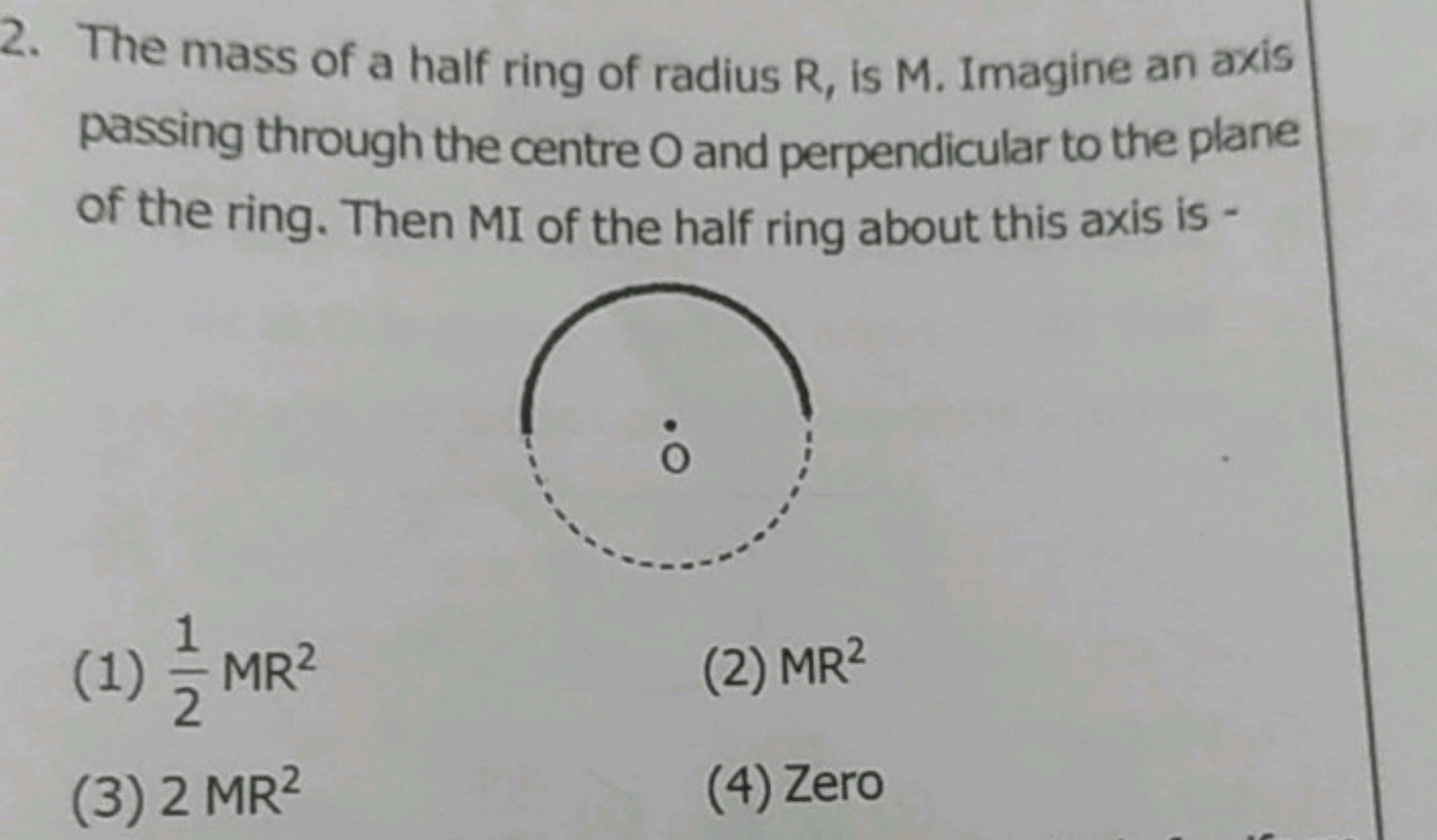 2. The mass of a half ring of radius R, is M. Imagine an axis passing 