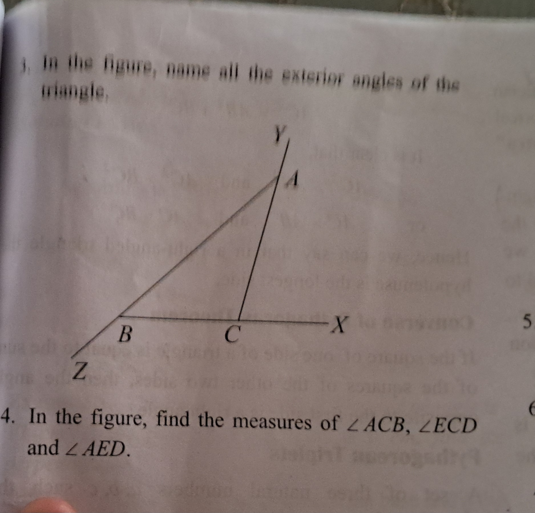In the figure, name all the exterior angles of the triangle. In the figur..
