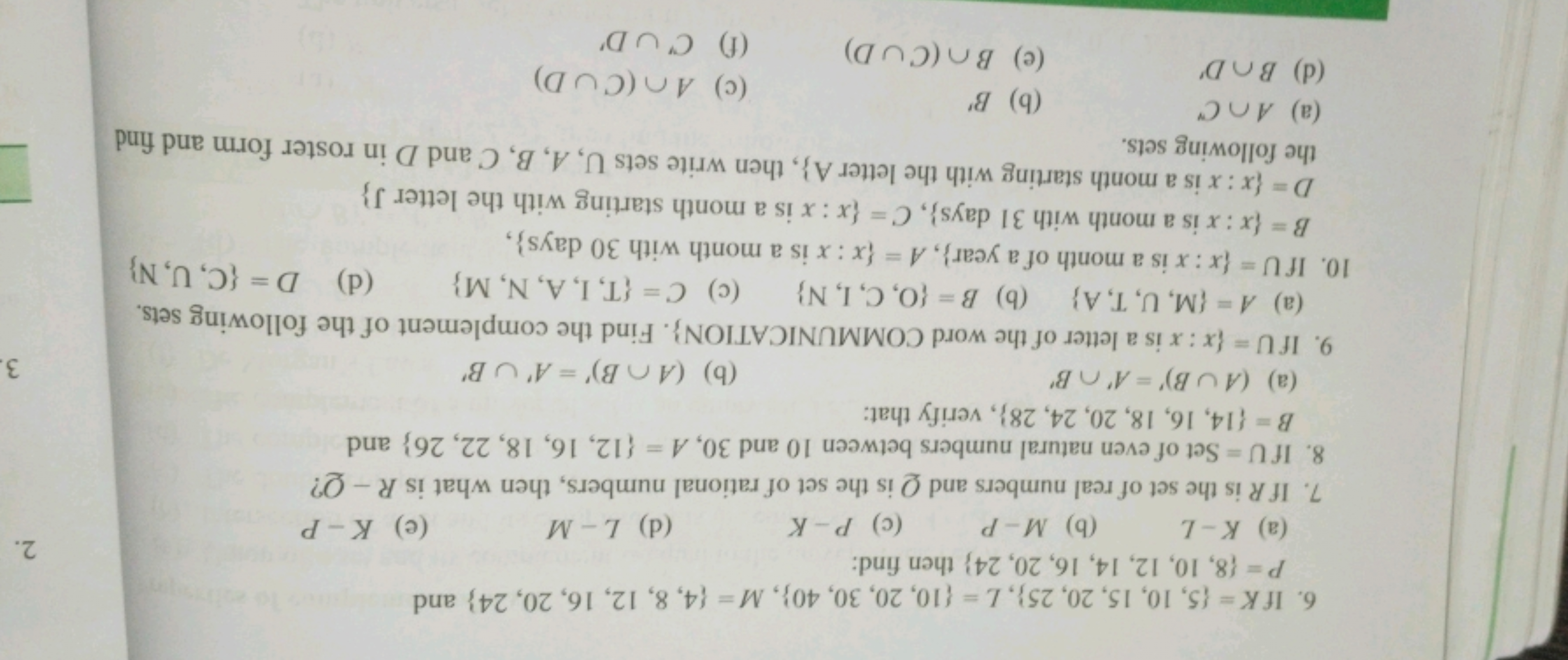 6. If K={5,10,15,20,25},L={10,20,30,40},M={4,8,12,16,20,24} and P={8,1