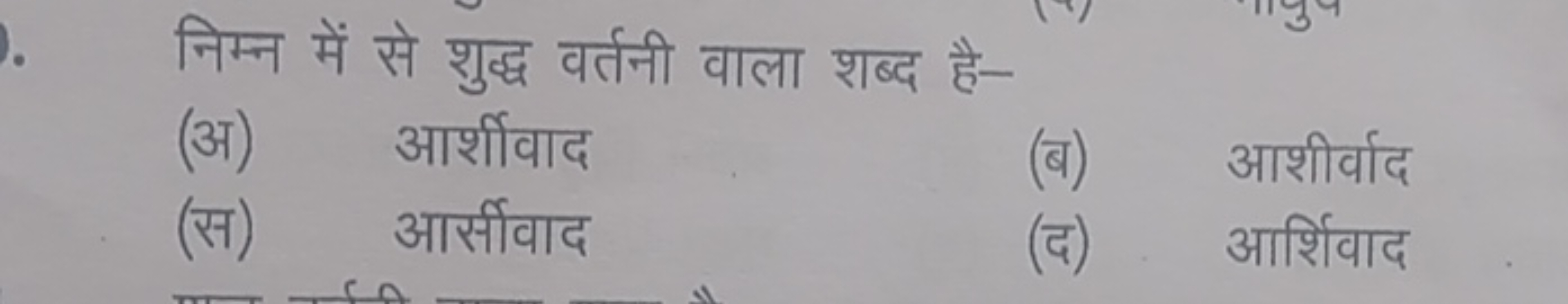 निम्न में से शुद्ध वर्तनी वाला शब्द है-
(अ) आर्शीवाद
(स) आर्सीवाद
(ब) 