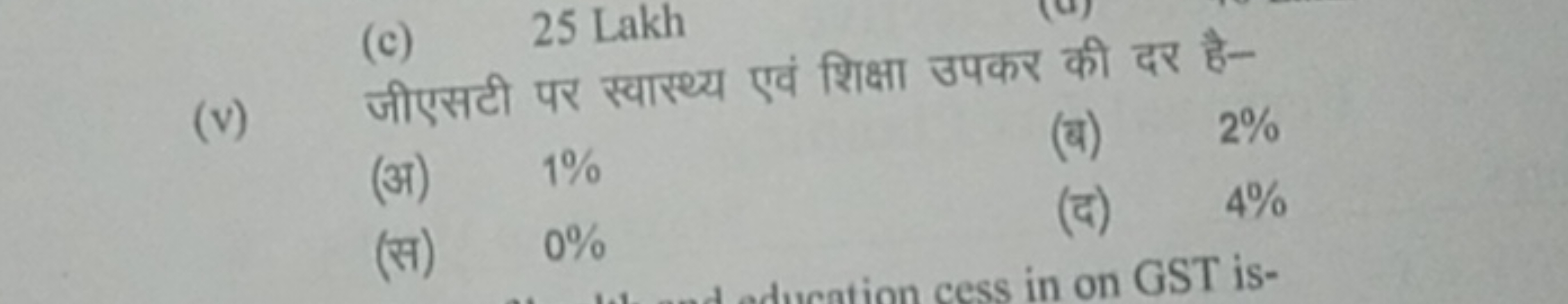 (c) 25 Lakh
(v) जीएसटी पर स्वास्थ्य एवं शिक्षा उपकर की दर है-
(अ) 1%
(