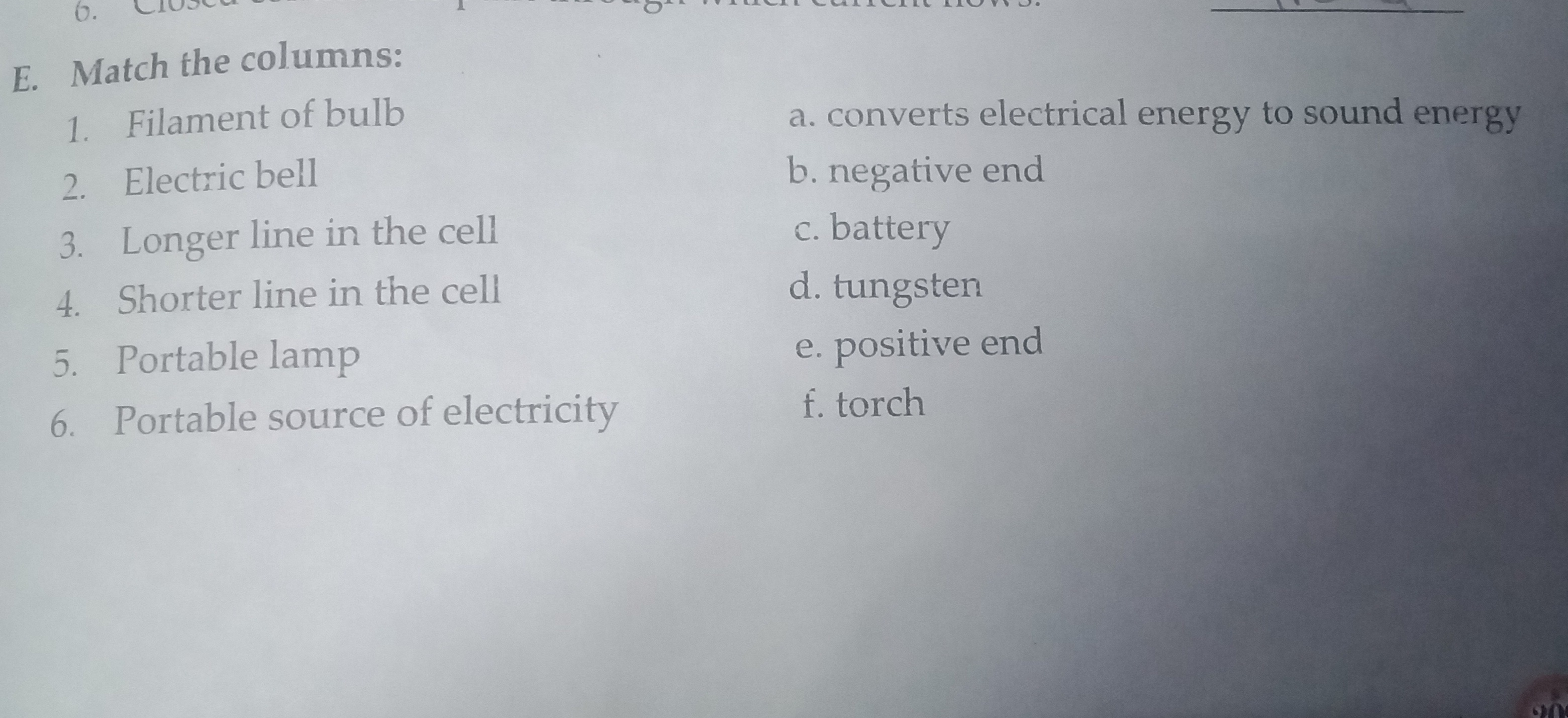 E. Match the columns:
1. Filament of bulb
a. converts electrical energ