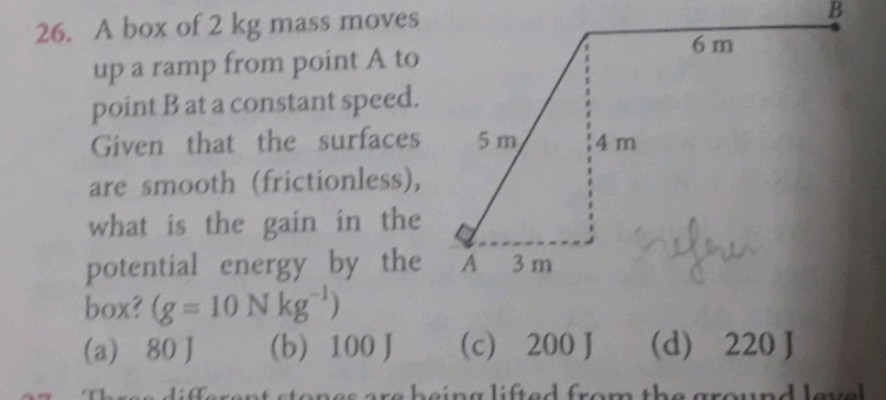 26. A box of 2 kg mass moves up a ramp from point A to point B at a co