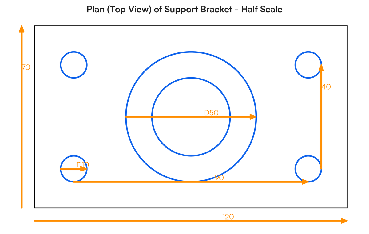 Below is a diagram of a support bracket. Using half full size scale, draw..