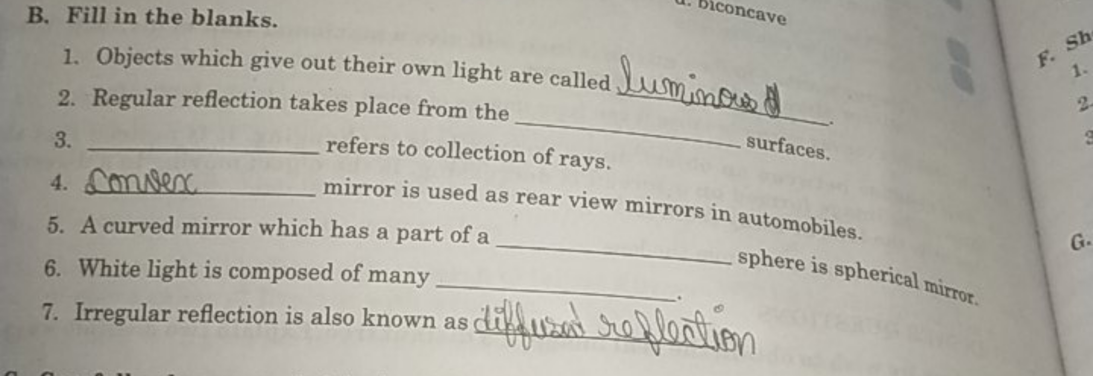 B. Fill in the blanks.
1. Objects which give out their own light are c