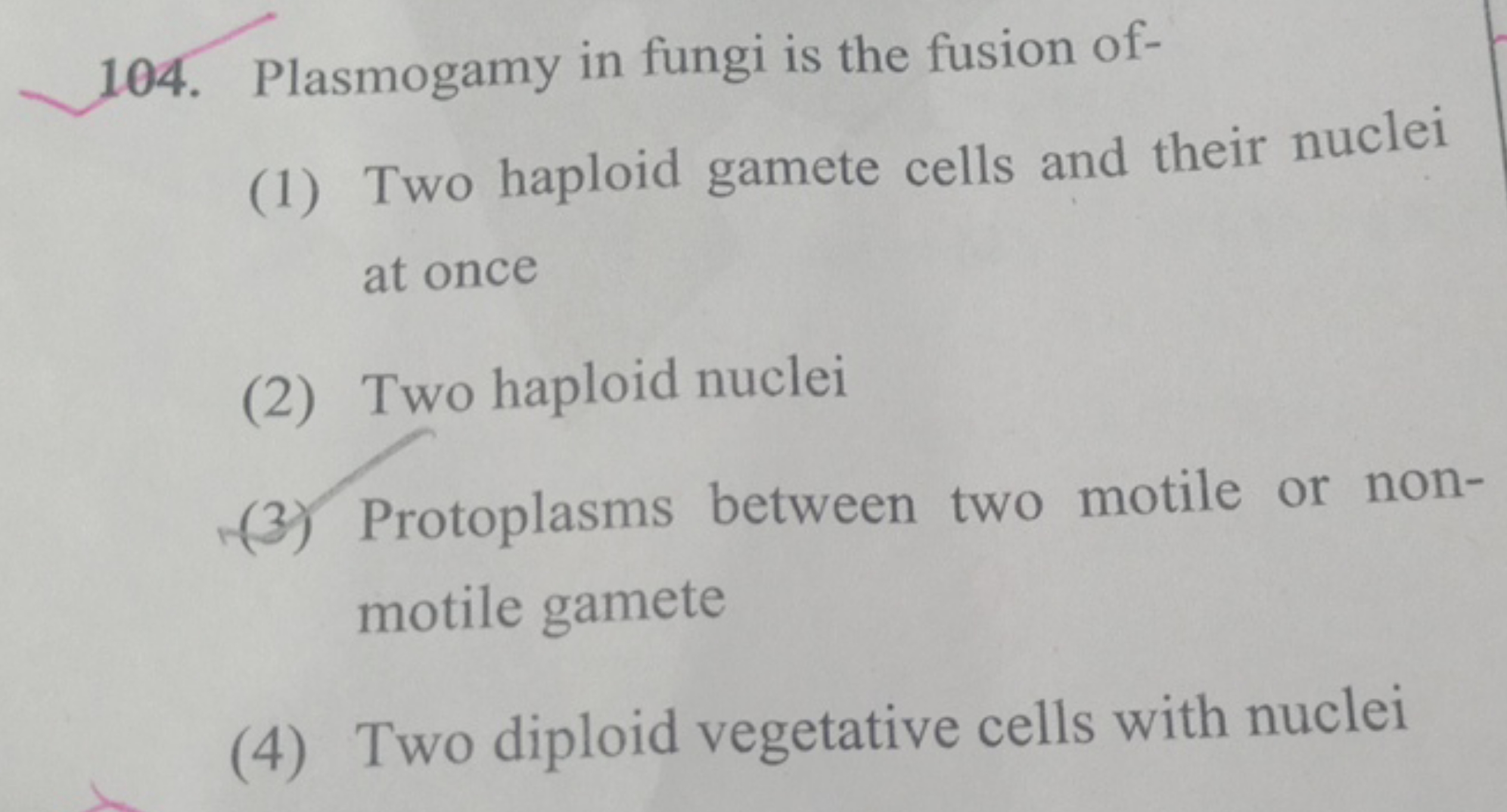 104. Plasmogamy in fungi is the fusion of-
(1) Two haploid gamete cell