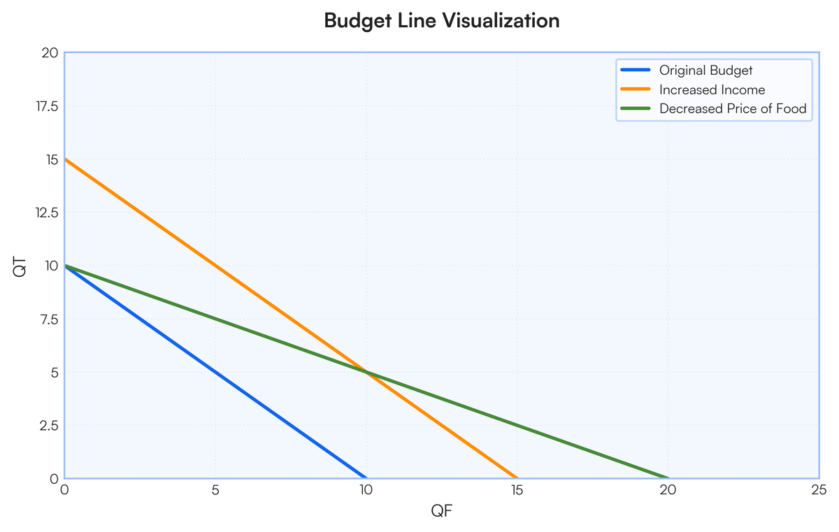 You can plot these budget lines on a graph with QF on x-axis and QT