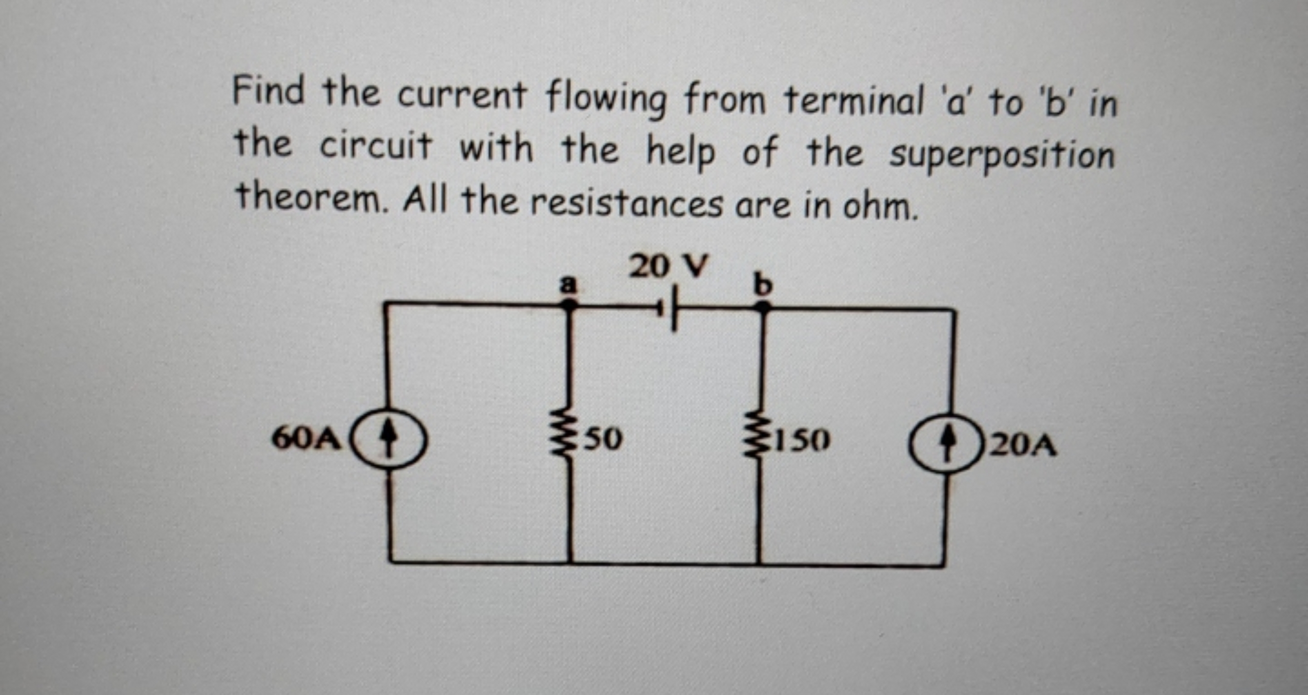 Find the current flowing from terminal ' a ' to ' b ' in the circuit w