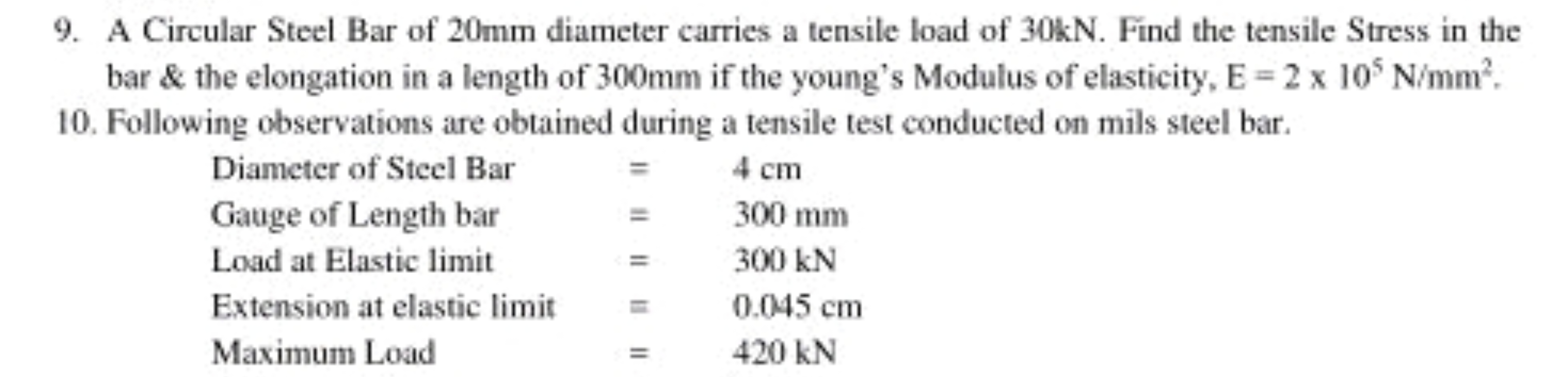 9. A Circular Steel Bar of 20 mm diameter carries a tensile load of 30