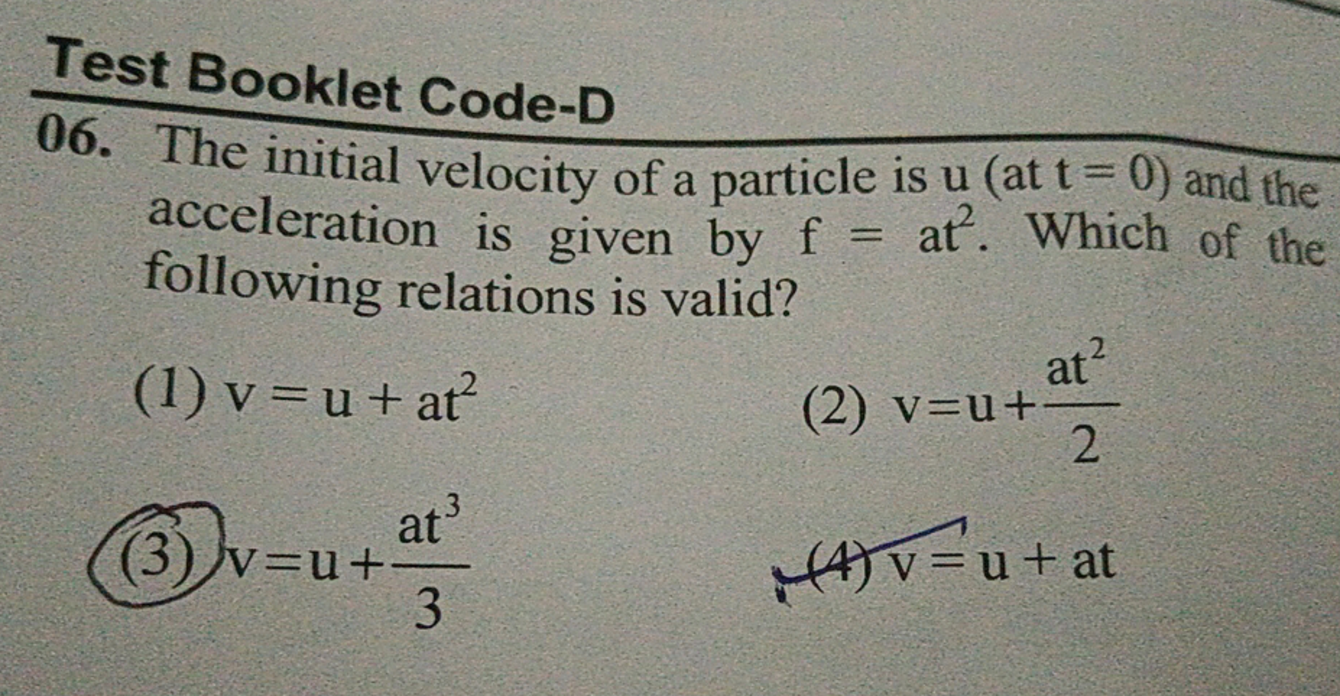 Test Booklet Code-D
06. The initial velocity of a particle is u (at t=