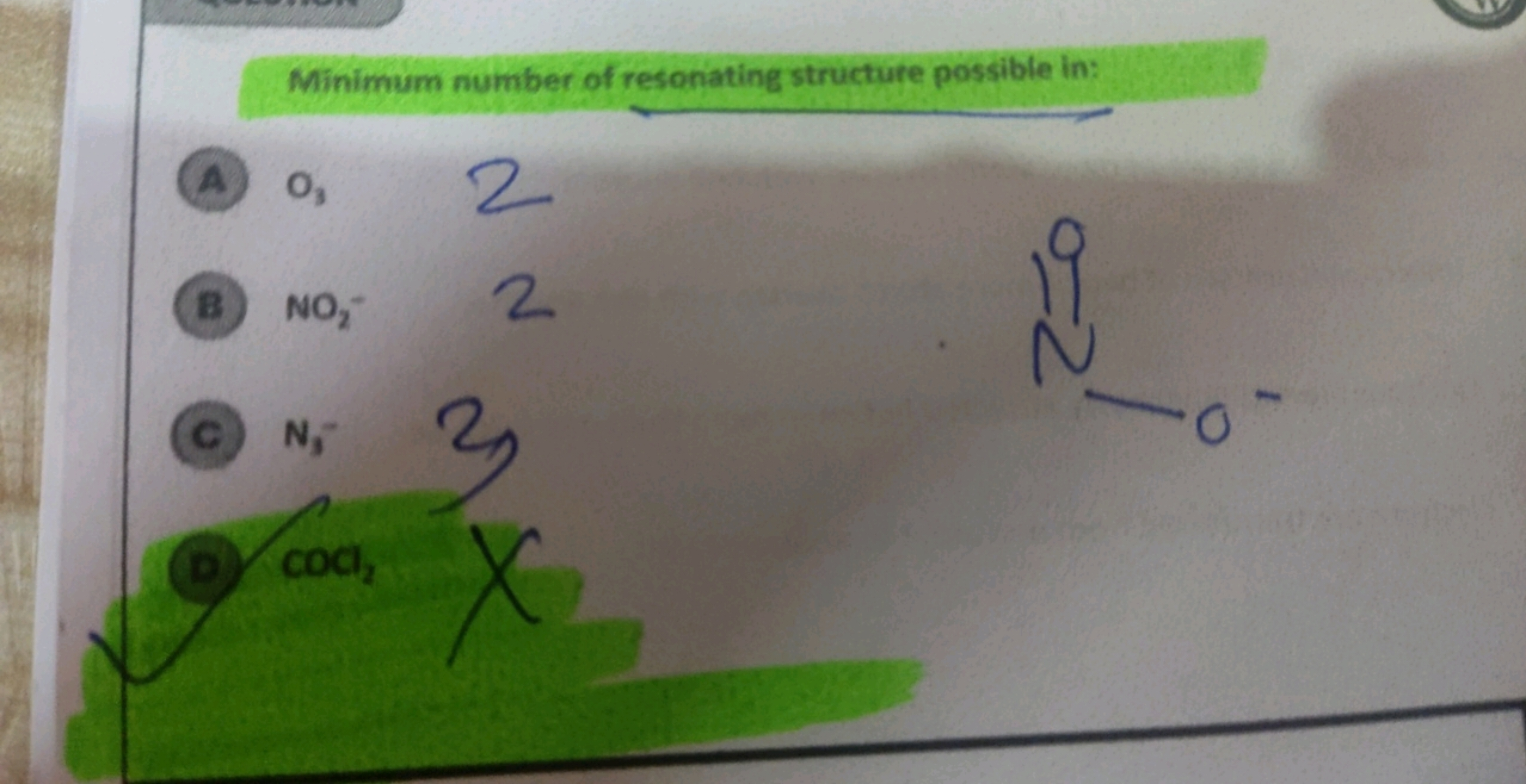 Minimum number of resonating structure possible in:
(A) O3​
2
(B) NO2−