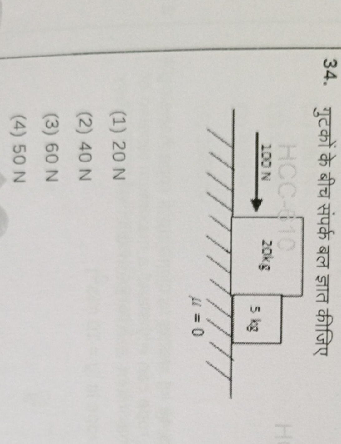 34. गुटकों के बीच संपर्क बल ज्ञात कीजिए
(1) 20 N
(2) 40 N
(3) 60 N
(4)