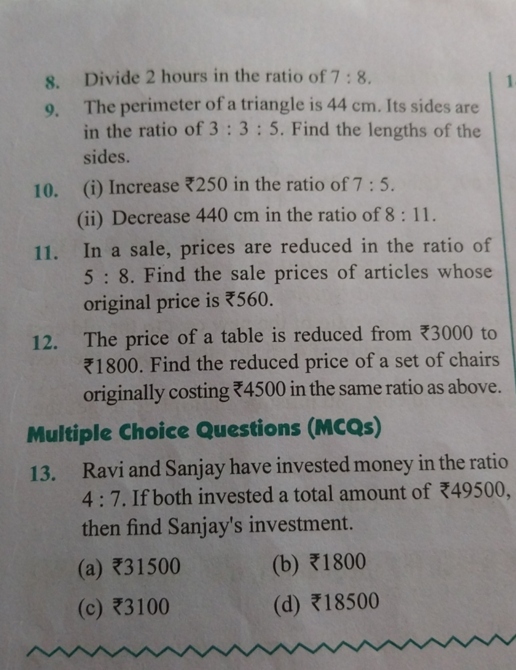 8. Divide 2 hours in the ratio of 7:8.
9. The perimeter of a triangle 