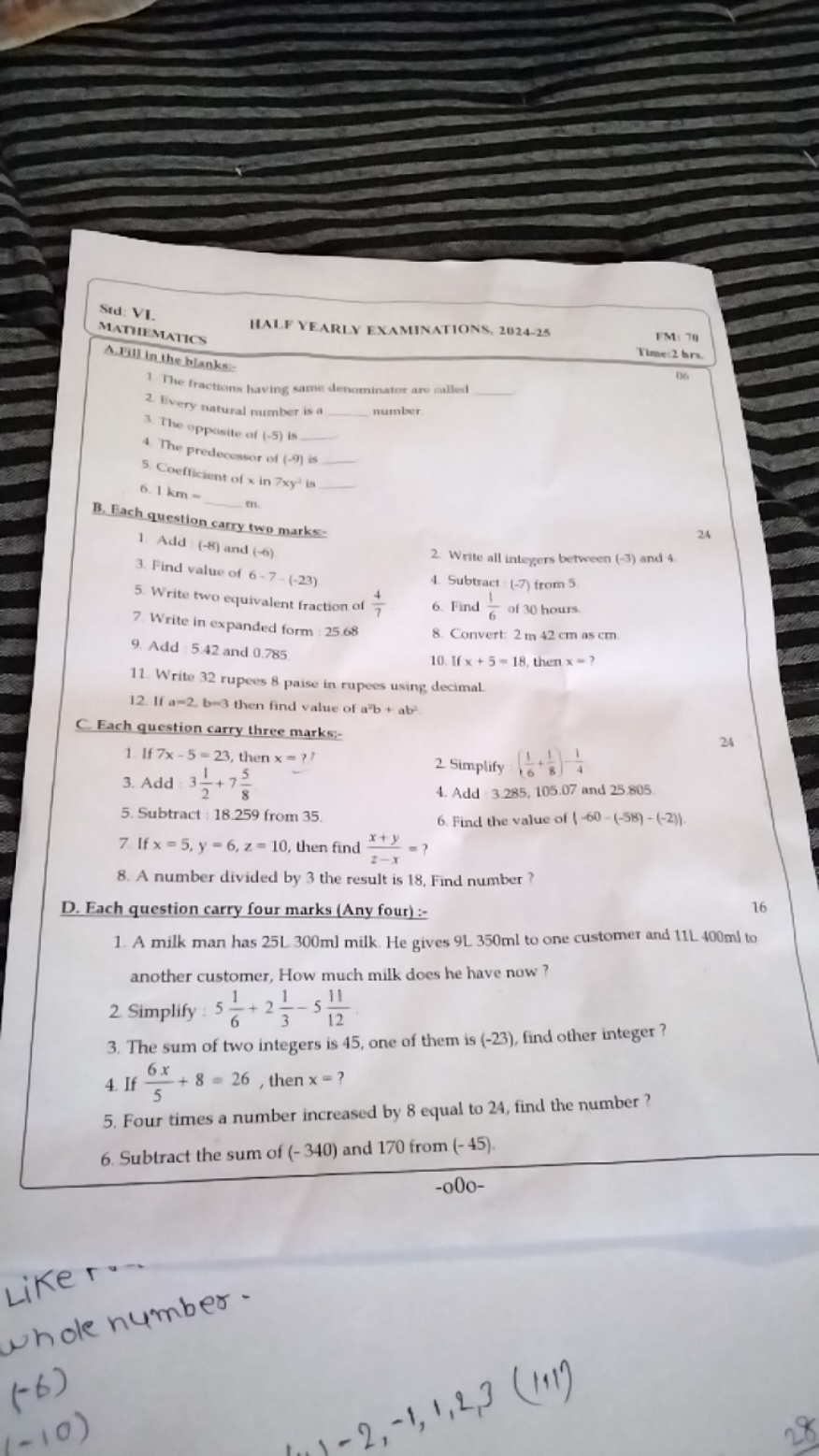 Sid. VI​.
FM! 70
MATHEMATICS
IIALF YEARLY EXAMINATIONS, 2024-25
Time: 