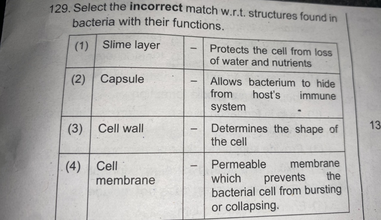 129. Select the incorrect match w.r.t. structures found in bacteria wi