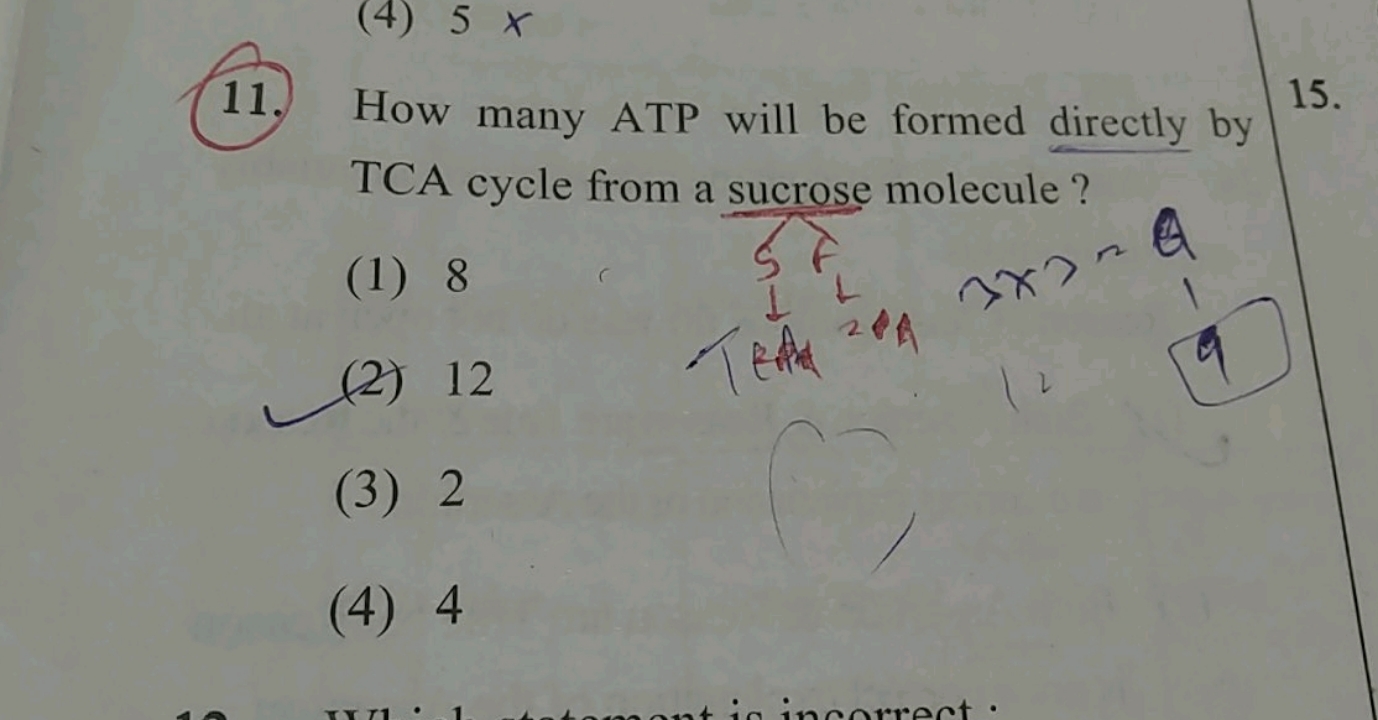 11. How many ATP will be formed directly by TCA cycle from a sucrose m