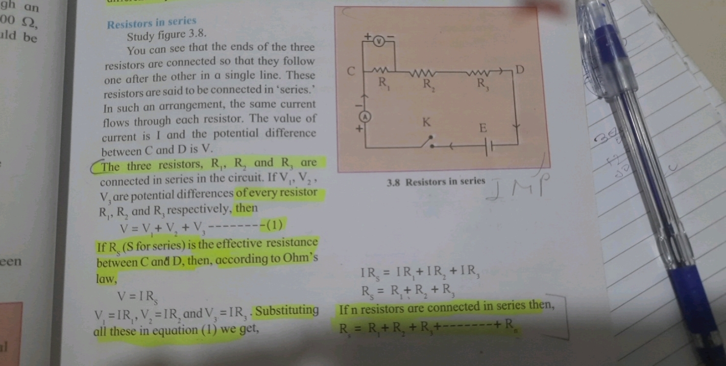 Resistors in series
Study figure 3.8.
You can see that the ends of the