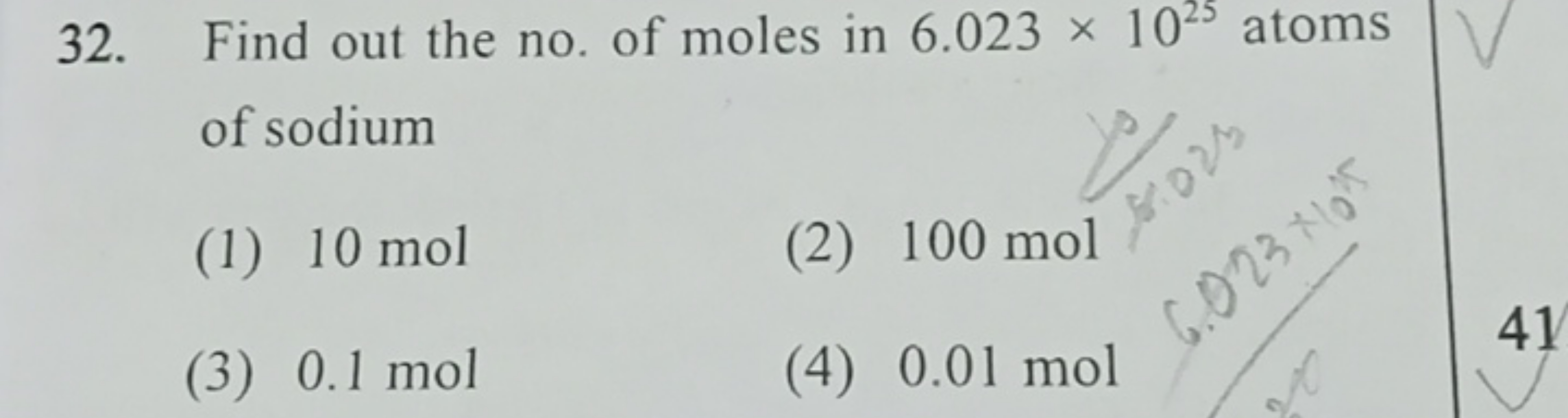 Find out the no. of moles in 6.023×1025 atoms of sodium