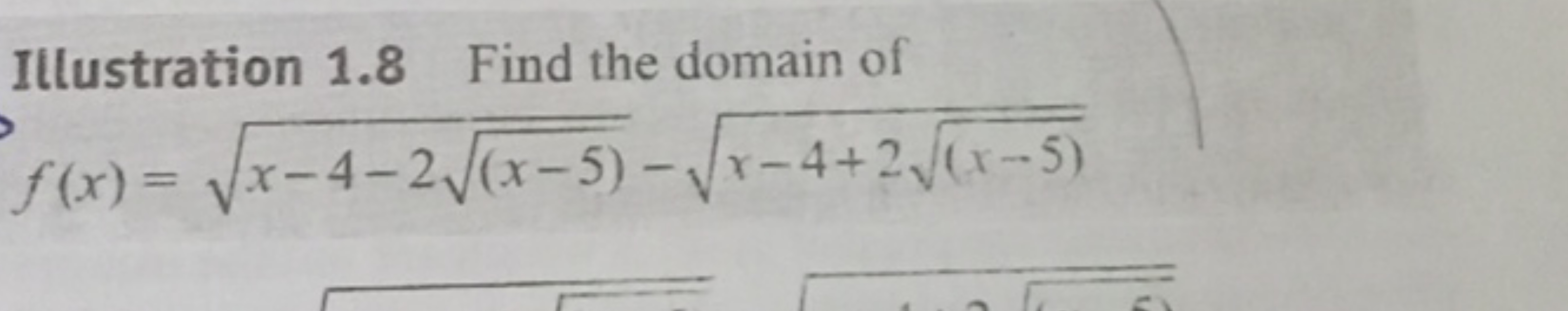 Illustration 1.8 Find the domain of
f(x)=x−4−2(x−5)​​−x−4+2(x−5)​​
