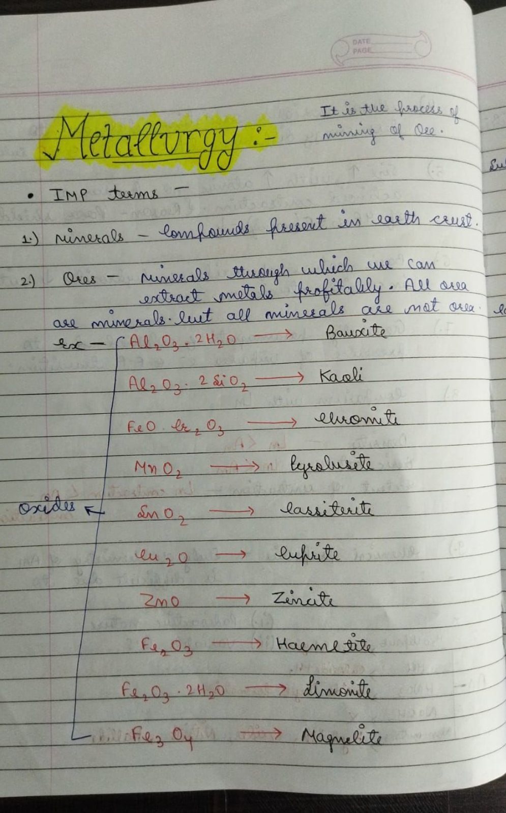 Metallurgy:- incing ane.
- IMP terms -
1.) Minerals - Compounds presen