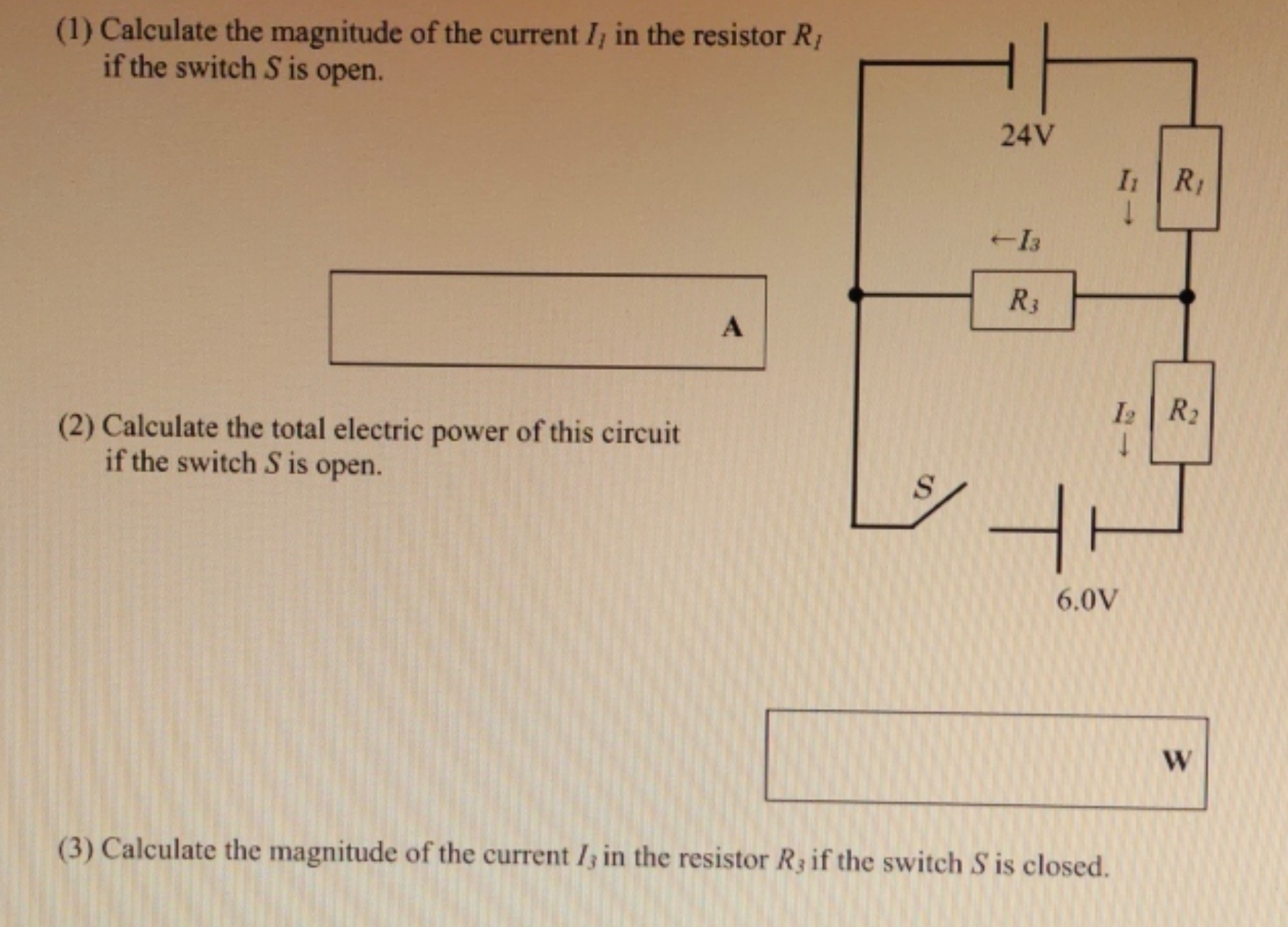 (1) Calculate the magnitude of the current II​ in the resistor RI​ if 