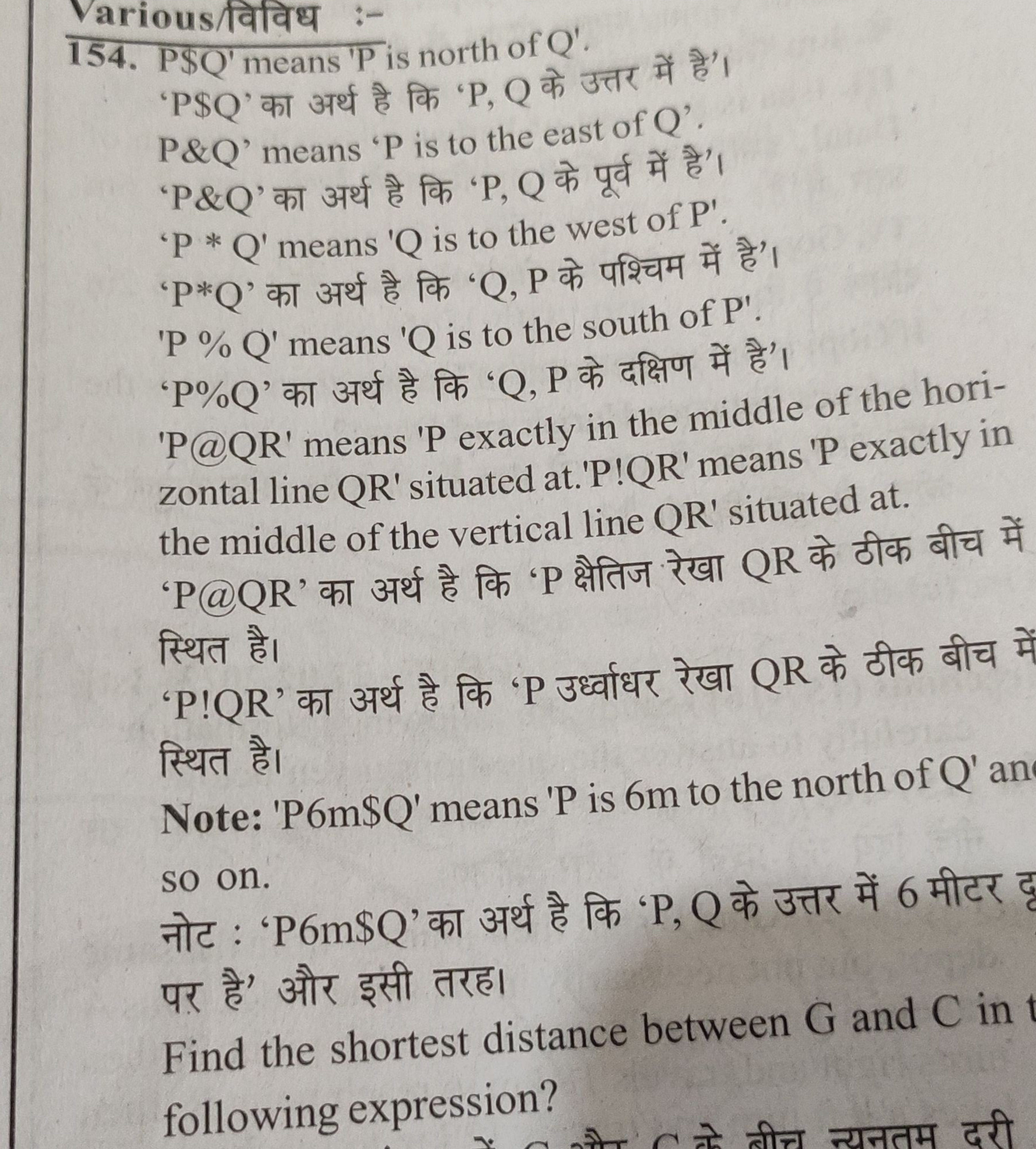 Various/विविध :-
154. \mathrm{P} \ \mathrm{Q}^{\prime}means′Pisnorthof