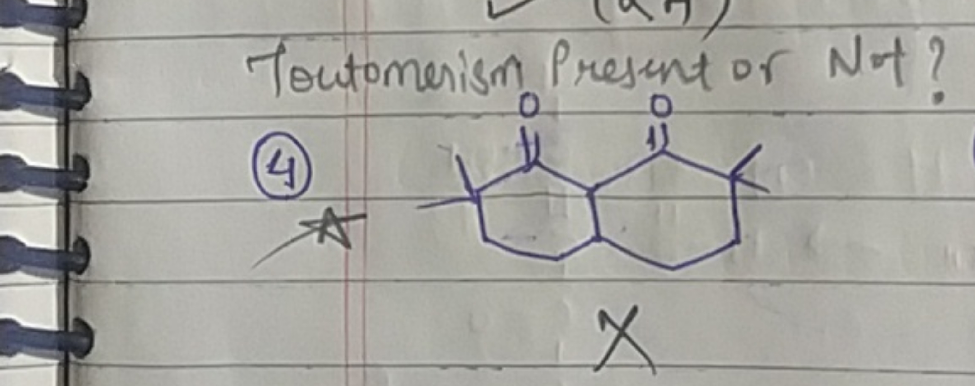 Toutomerism Present or Not?
(4)
CC1(C)CCC2CCC(C)(C)C(=O)C2C1=O
