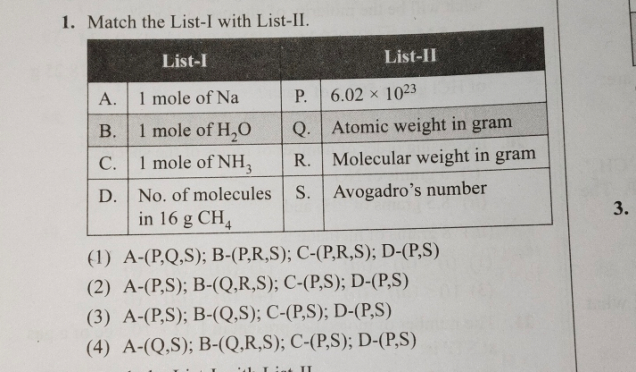 Match the List-I with List-II. List-IList-IIA.1 mole of NaP.6.02×1023B