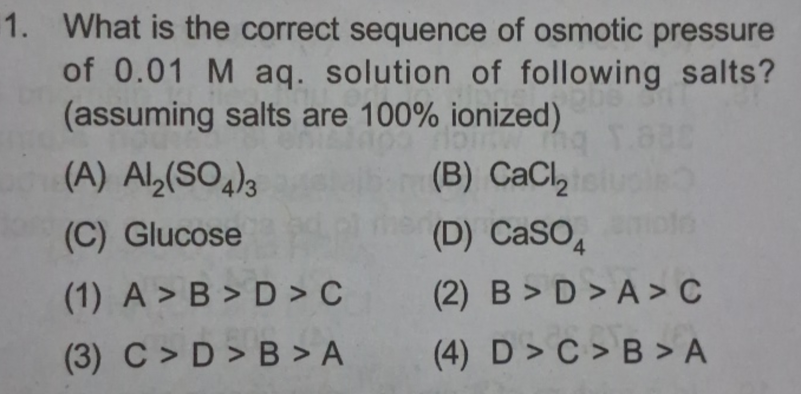 What is the correct sequence of osmotic pressure of 0.01M aq. solution