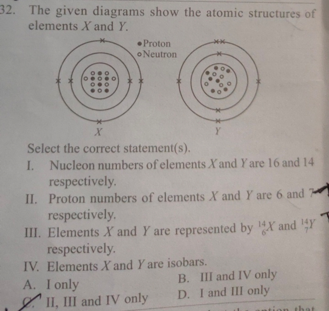 The given diagrams show the atomic structures of elements X and Y. Sel