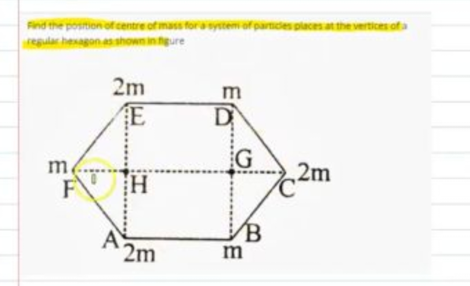 Find the postion of centre of imass for a syctem of parndes places at 