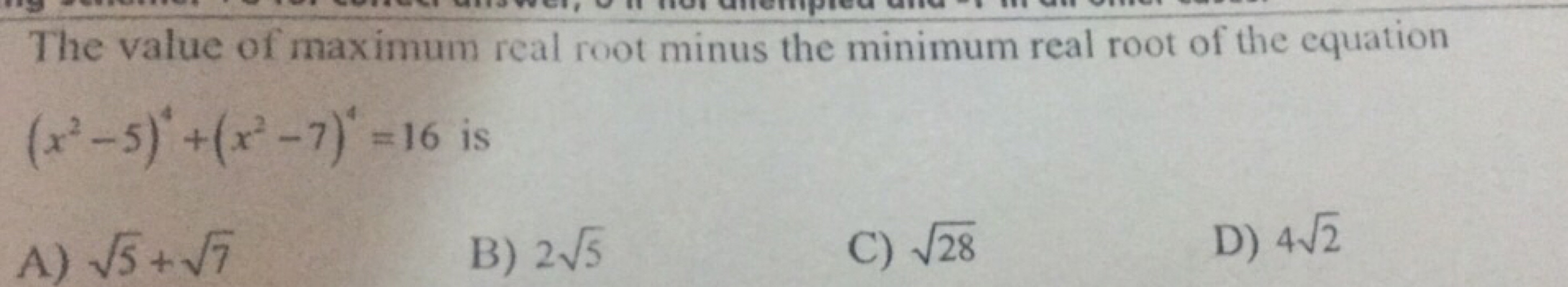 The value of maximum real root minus the minimum real root of the equa