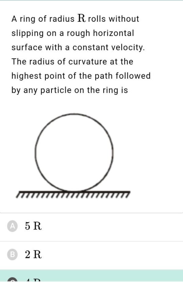 A ring of radius R rolls without slipping on a rough horizontal surfac