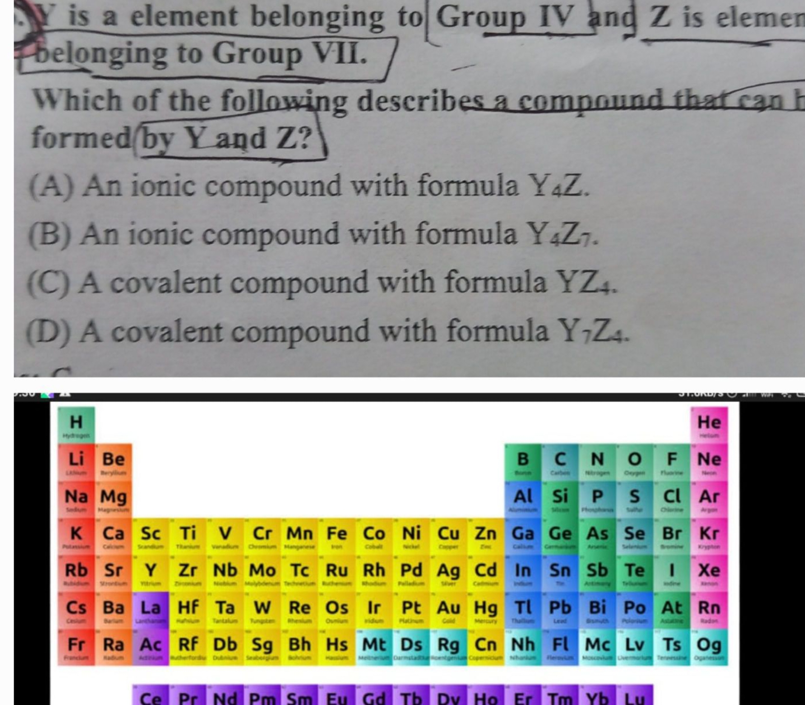 Y is a element belonging to Group IV and Z is elemer belonging to Grou