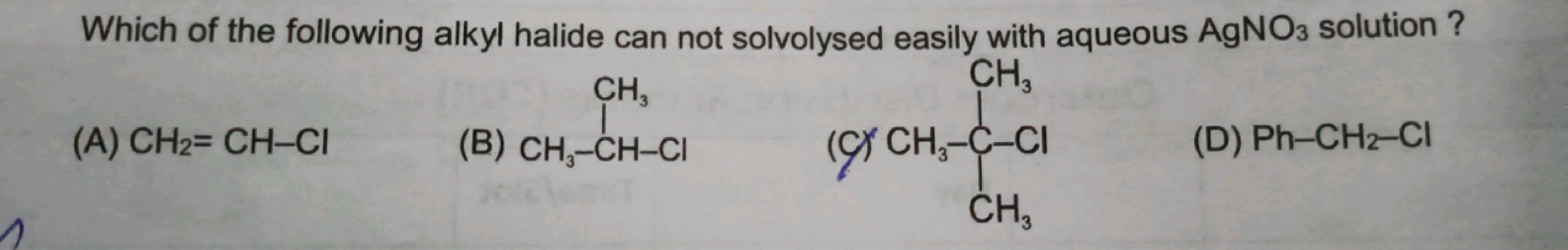 Which of the following alkyl halide can not solvolysed easily with aqu