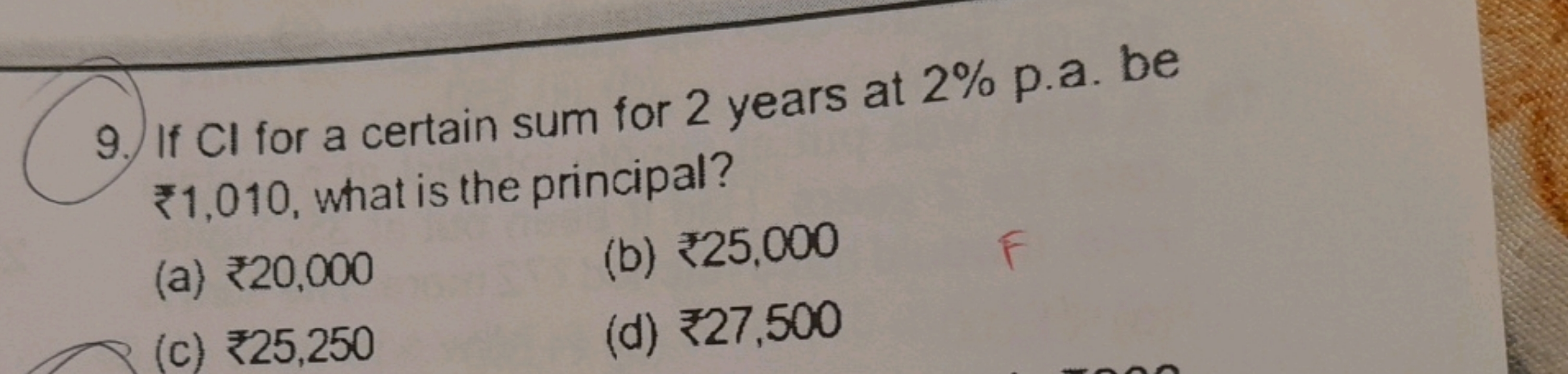 If Cl for a certain sum for 2 years at 2% p.a. be ₹1,010, what is the 