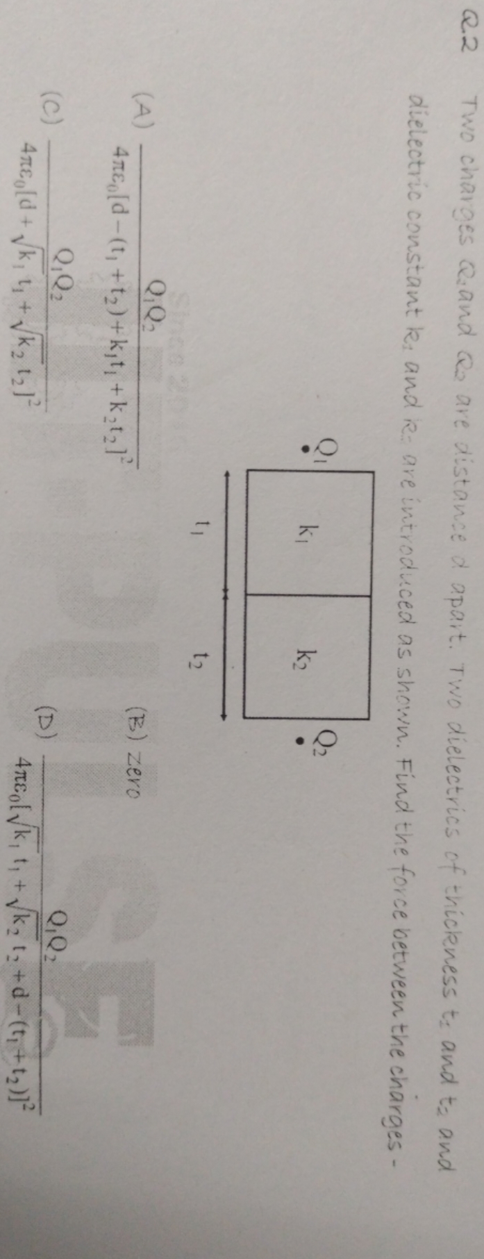 2 Two charges Q2​ and Q2​ are distance d apart. Two dielectrics of thi