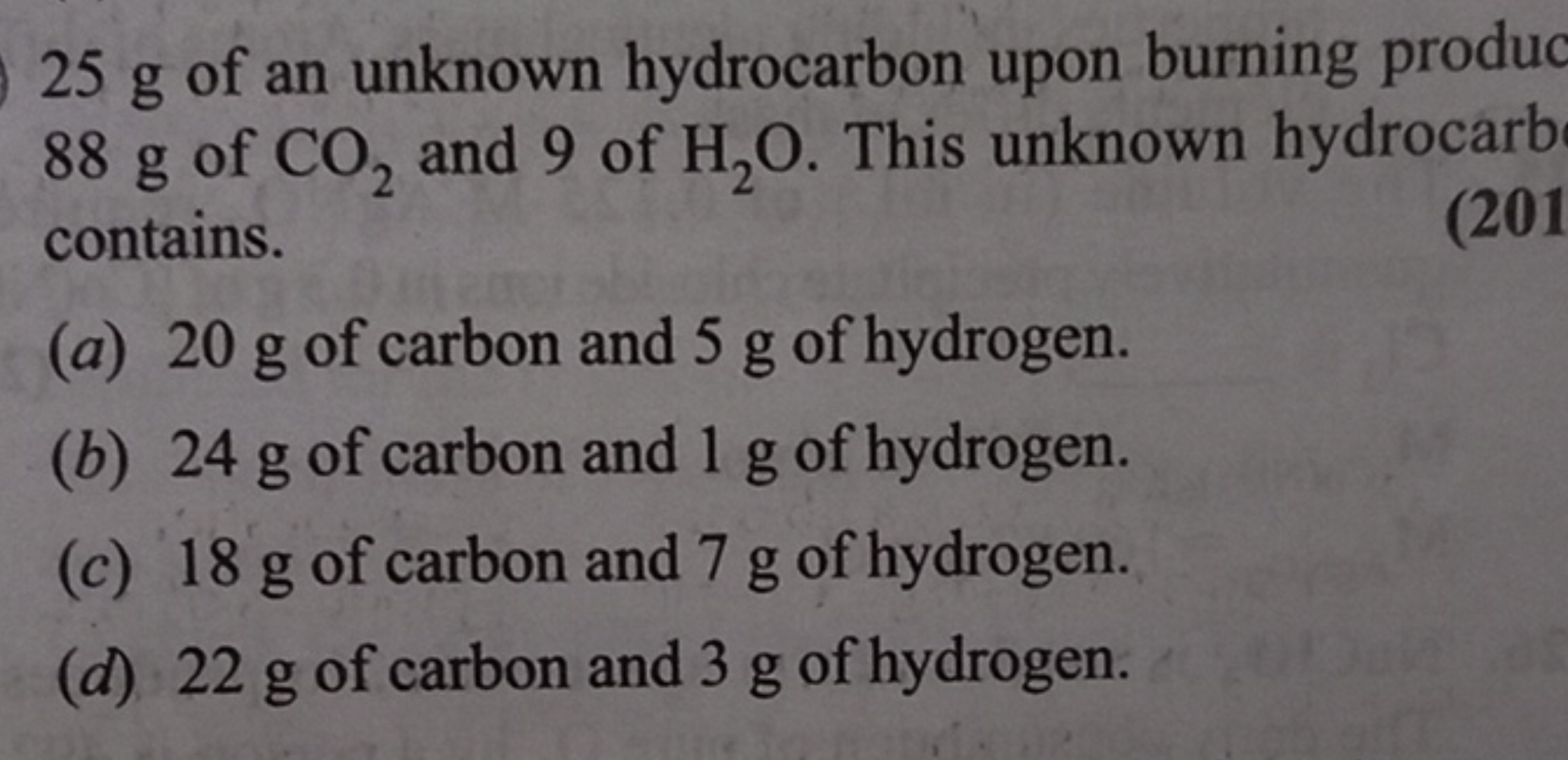 25 g of an unknown hydrocarbon upon burning produc 88 g of CO2​ and 9 