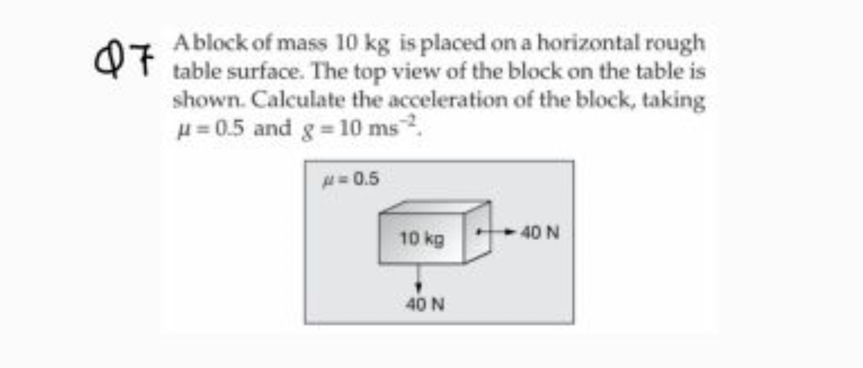 Q7
A block of mass 10 kg is placed on a horizontal rough table surface