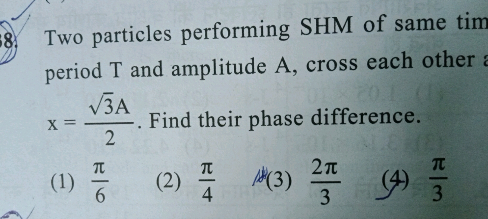 Two particles performing SHM of same tim period T and amplitude A, cro