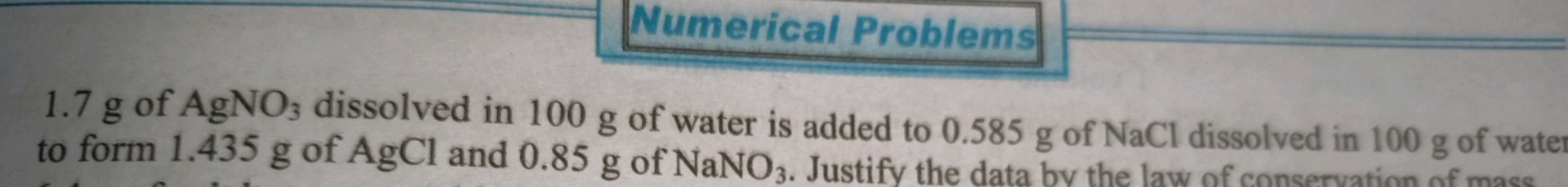 Numerical Problems
1.7 g of AgNO3​ dissolved in 100 g of water is adde