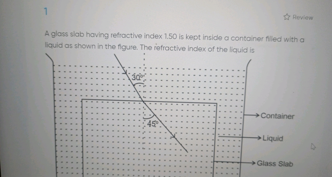 Review
A glass slab having refractive index 1.50 is kept inside a cont