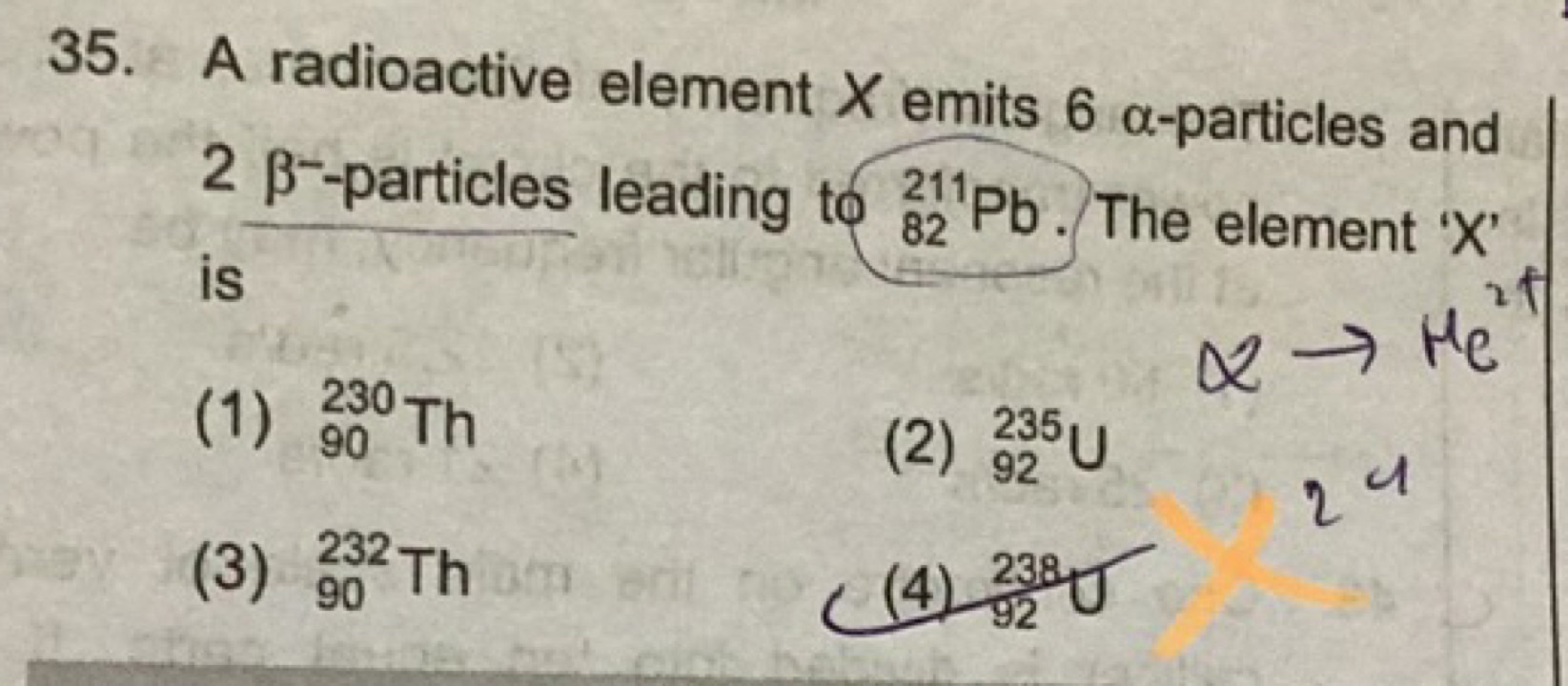 A radioactive element X emits 6α-particles and 2β-particles leading to