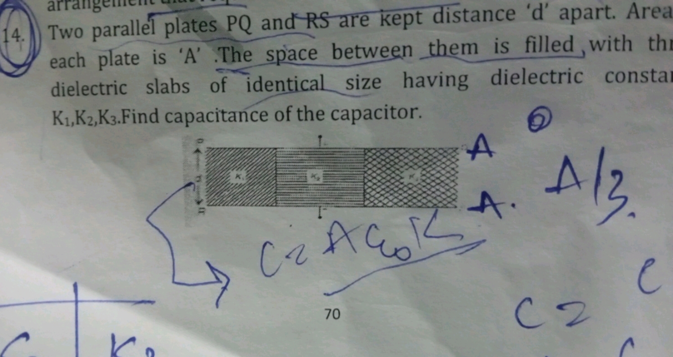 14. Two parallel plates PQ and' R are kept distance 'd' apart. Area ea