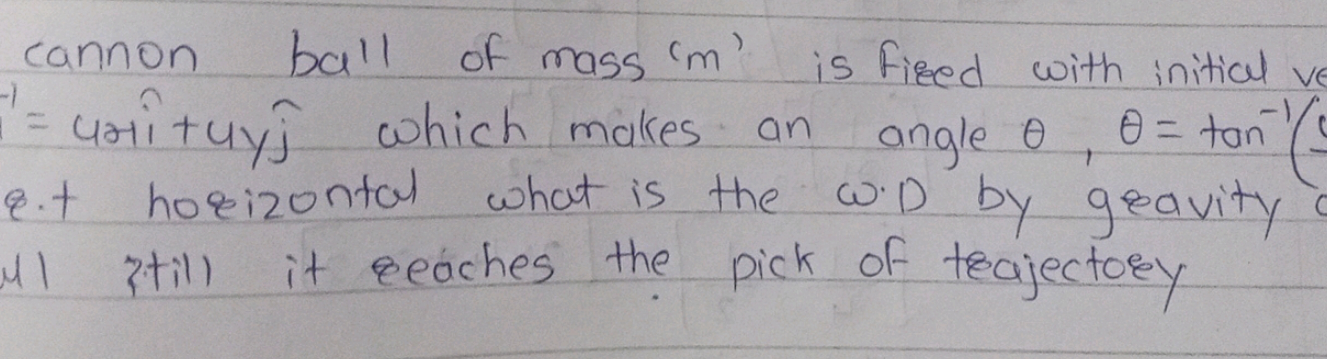 cannon ball of mass ' m ' is Fired with initial −1=4i^+4yj^​ which mak