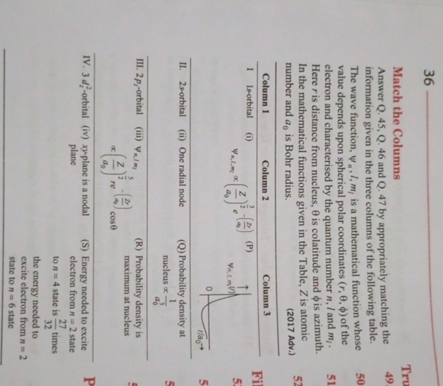 36
Match the Columns
Answer Q. 45, Q. 46 and Q. 47 by appropriately ma