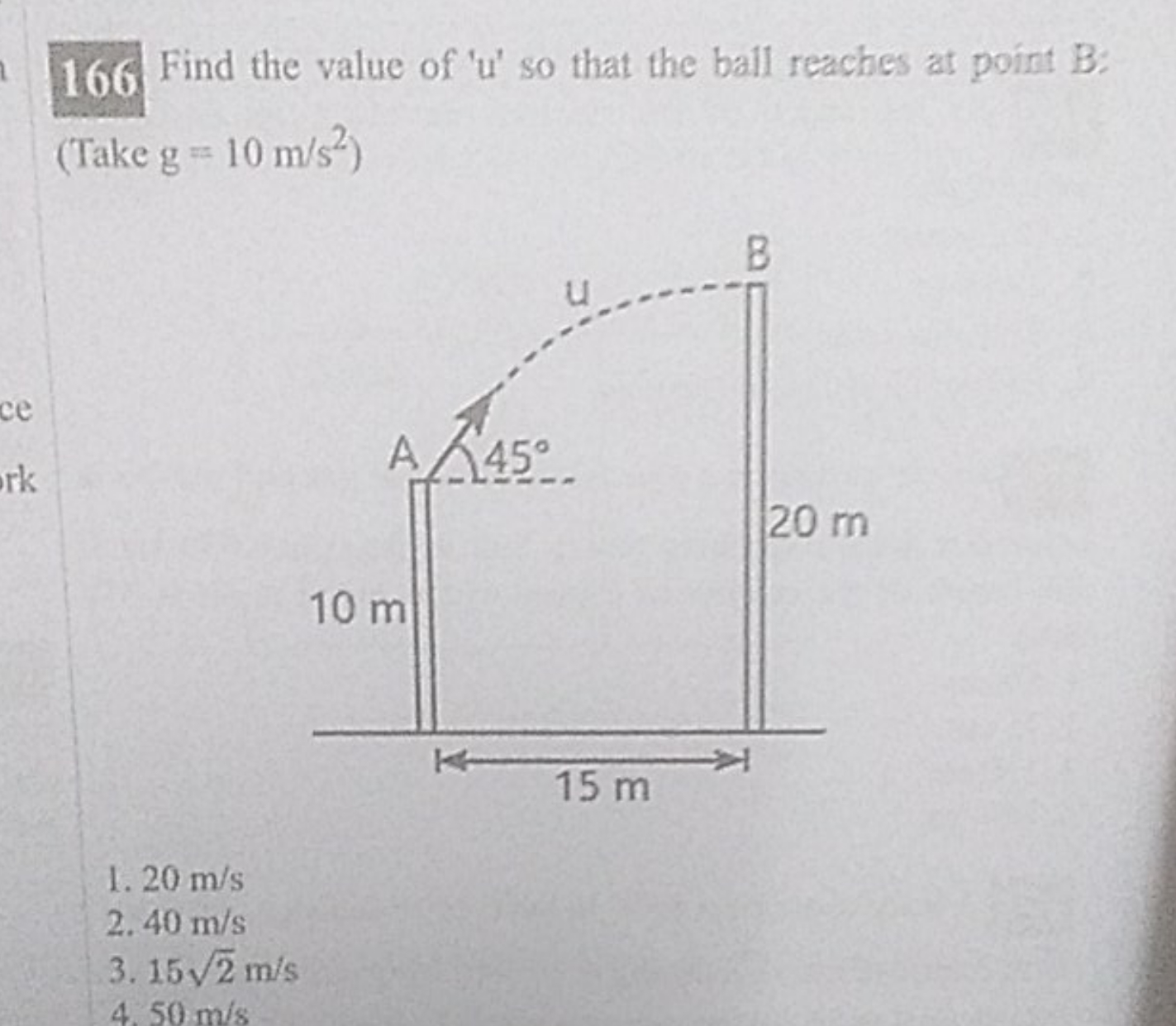 166 Find the value of ' u ' so that the ball reaches at point B : (Tak