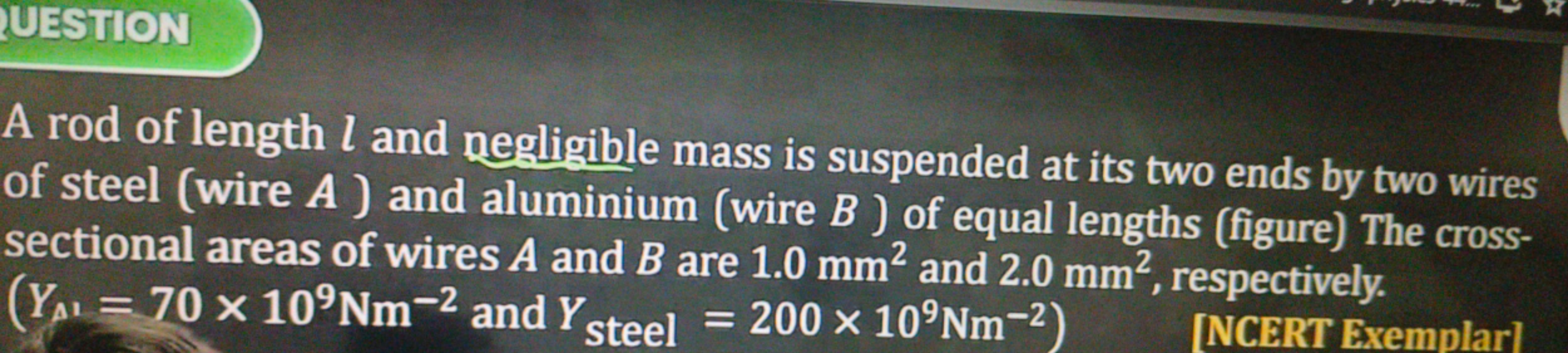 UESTION
A rod of length l and negligible mass is suspended at its two 