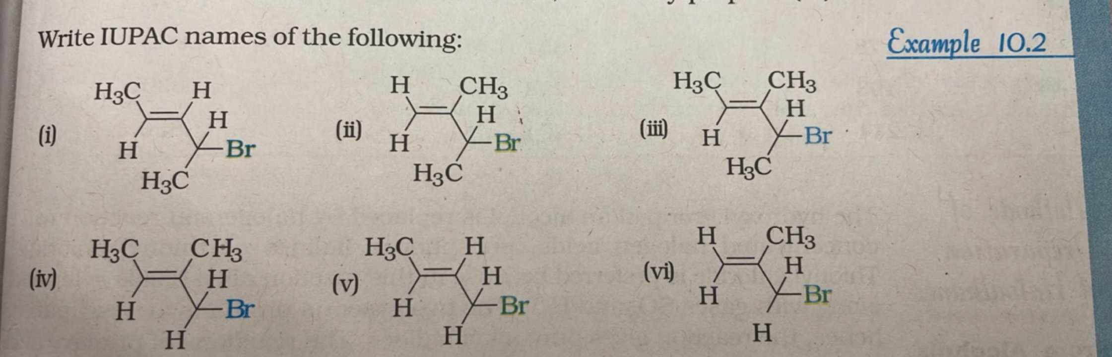 Write IUPAC names of the following:
Example 10.2
(i)
CC=CC(C)Br
(ii)
C